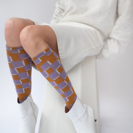 socks - bonne maison -  Checkerboard - Cinnamon - women - men - mixed