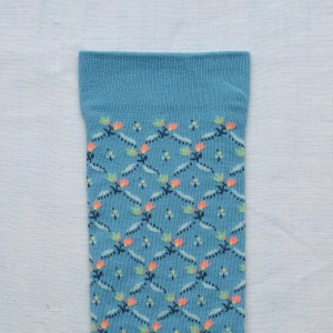 Toile de Jouy  - Treillis Fleuri Bleu Lavé